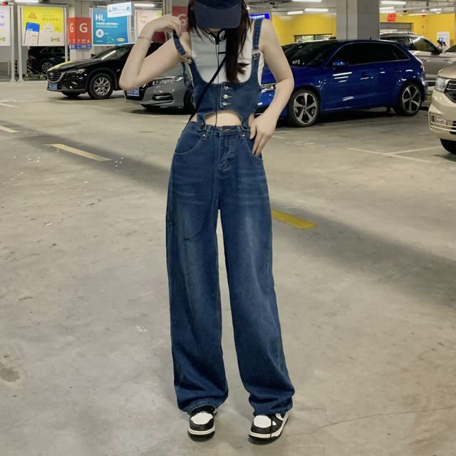 Porstina Detachable Denim Straight Leg Jumpsuit YesStyle