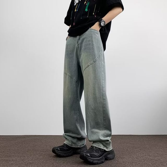 Ateso-Mid Rise Washed Panel Straight Leg Jeans