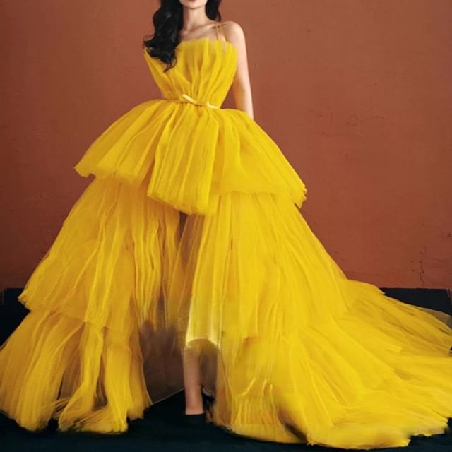 DreesHouse-Spaghetti Strap Plain Ruched A-Line Evening Gown