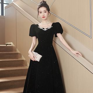 MSSBridal - Puff Sleeve Square Neck Plain Rhinestone Glitter Midi A-Line  Cocktail Dress / Evening Gown | YesStyle