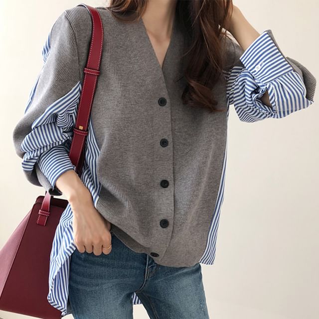Coris-V-Neck Striped Panel Cardigan