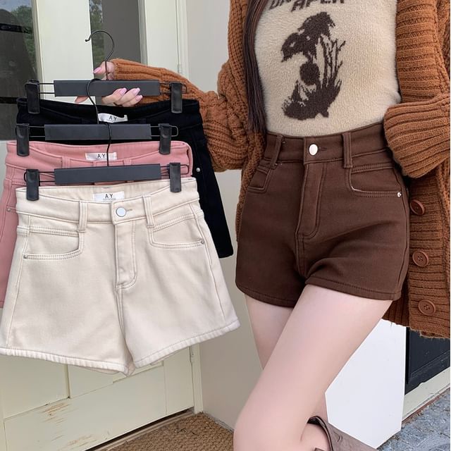 Sisyphi-Mid Waist Fleece Denim Shorts