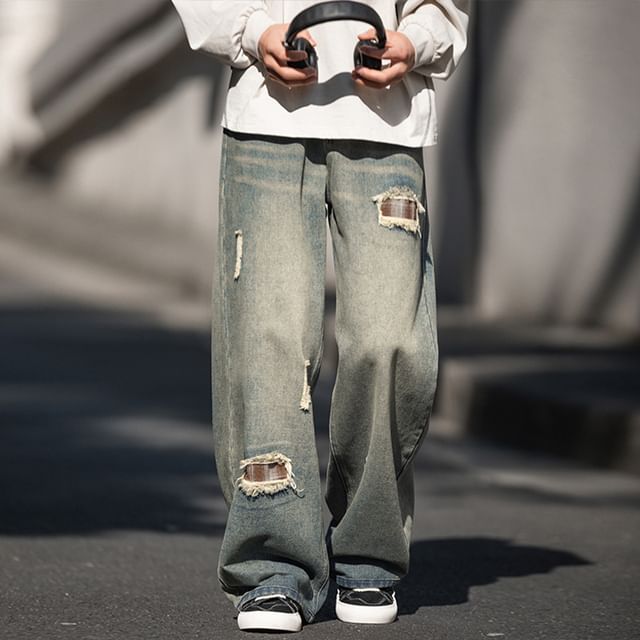 Really Point-High Waist Plaid Patchwork Wide Leg Jeans