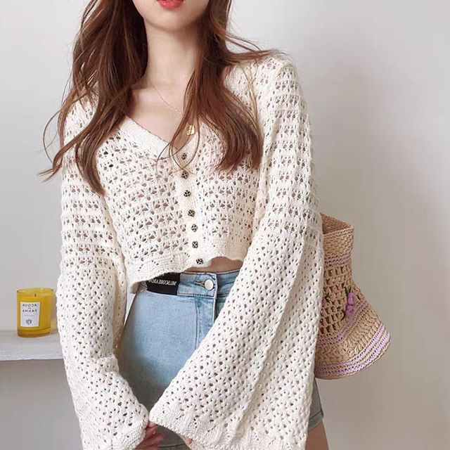 Odestra-V-Neck Plain Crochet Crop Cardigan