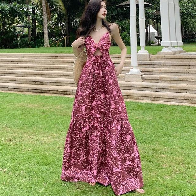 JIYON - Sleeveless V-Neck Rose Print Maxi A-Line Dress | YesStyle