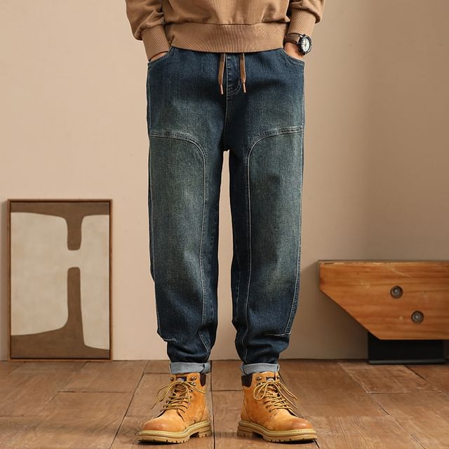 Nataro-Drawstring Waist Washed Baggy Jeans
