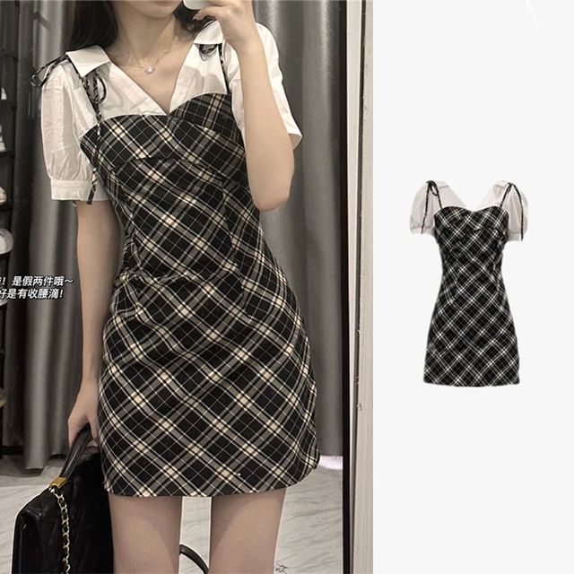 Double Collar Plaid Mini dress ⁡, '𝟤𝟧 summer