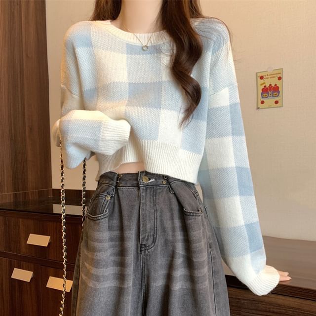 FR-Long-Sleeve Checkerboard Crop Sweater