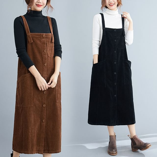 Lewwe-Square Neck Plain Button Front Corduroy Midi Overall Dress
