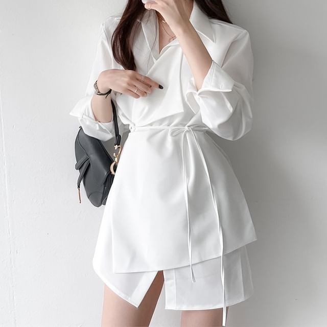 MIKIGA-Long Sleeve Collared Plain Panel Mini A-Line Wrap Dress
