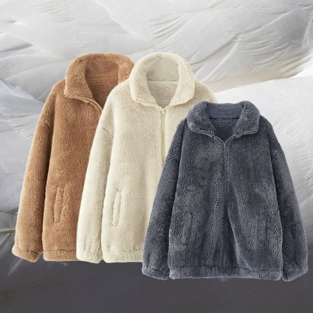 Magimomo-Stand Collar Plain Fleece Zip Jacket