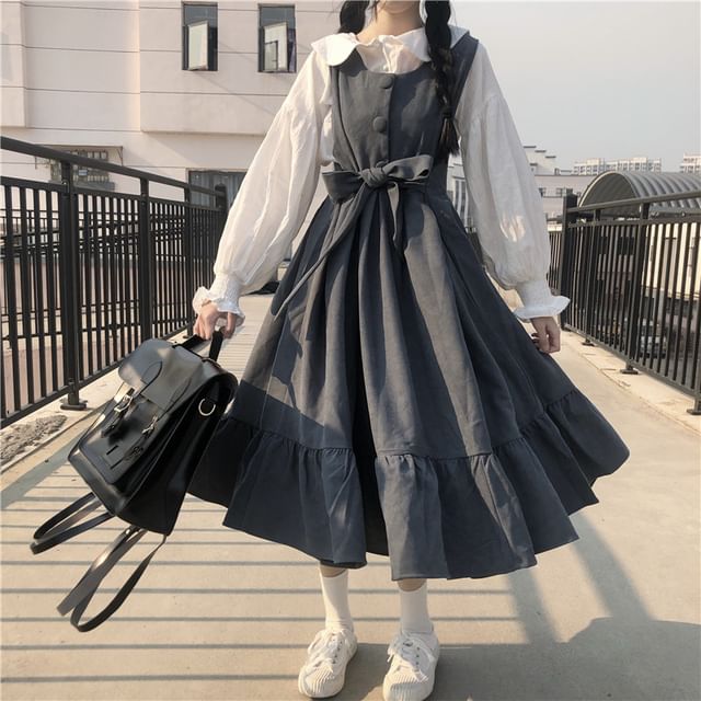 flowy sleeves with aline overall dress Clotizen - Plain Blouse / Tie-Waist Midi A-Line NEW20