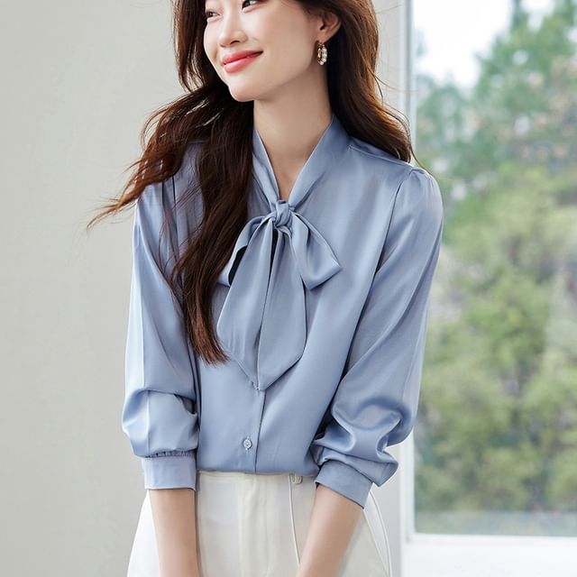 INEN-Long Sleeve Tie Neck Plain Satin Blouse