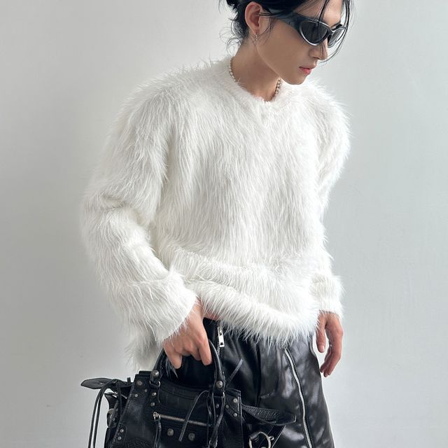 Nahagin-Crew Neck Plain Fluffy Sweater