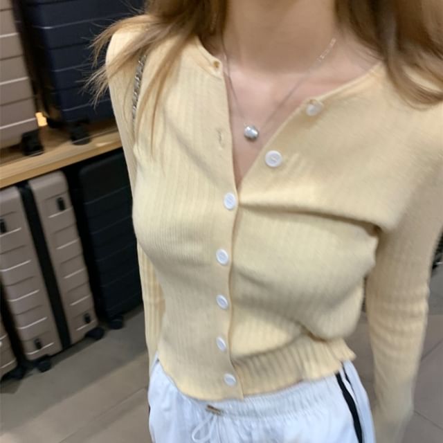 Beem-Round Neck Plain Ribbed Cardigan