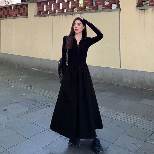 Everose-Long-Sleeve Stand Collar Plain Half Zip Panel Maxi A-Line Dress