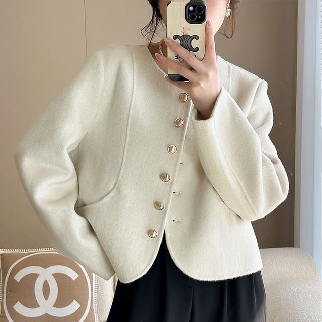Metonymph-Long Sleeve Round Neck Button Up Wool Blend Jacket