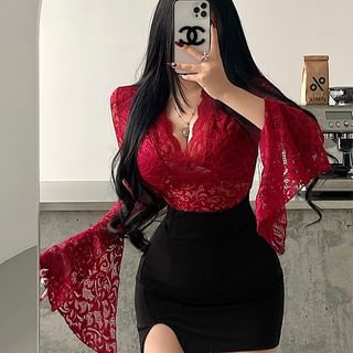 RainGirl-Flared-Sleeve V-Neck Lace Top