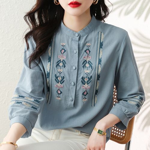トップス cord embroidery collar gather sleeve BL Cotton Sateen Ascot Collar EDW Gather Shirt – La Garçonne