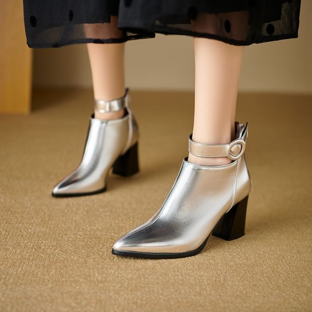 Anran-Block Heel Metallic Ankle Boots