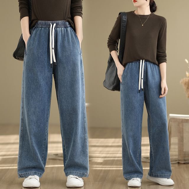 Lewwe-Drawstring Waist Wide Leg Jeans