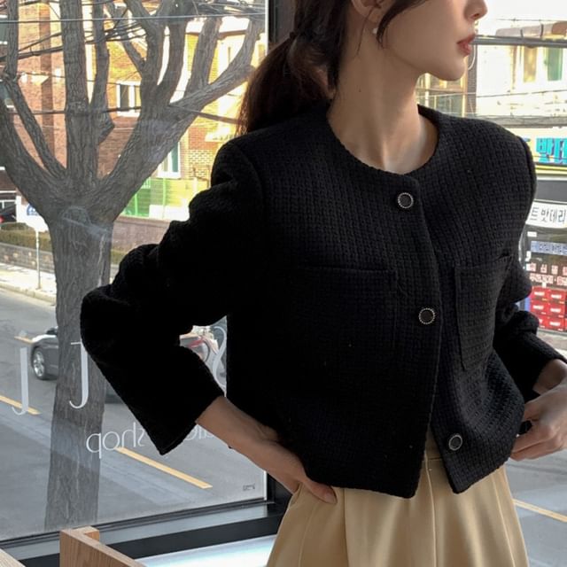 Jesong-Crew Neck Button-Up Plain Tweed Crop Jacket