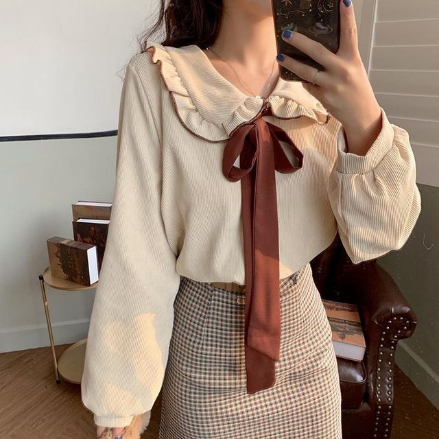 Sienne-Puff-Sleeve Ruffle Trim Blouse