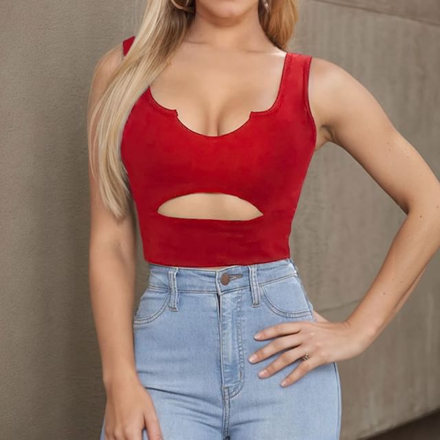 Asiris-Plain Cutout Crop Slim Fit Tank Top