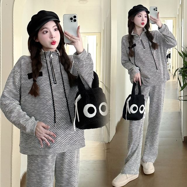 Rosy Street-Maternity Set Mock Neck Striped Drawstring Half-Zip Pullover Drawstring Waist Straight Leg Sweatpants