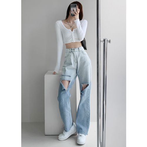 Gradient Cutout Straight Leg Loose Jeans