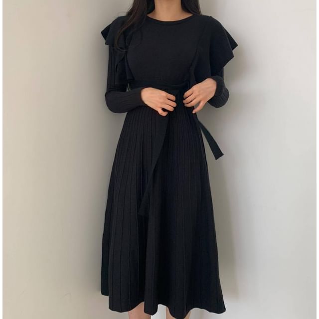Lewwe - Long-Sleeve Round Neck Ruffle Trim Midi A-Line Knit Dress | YesStyle