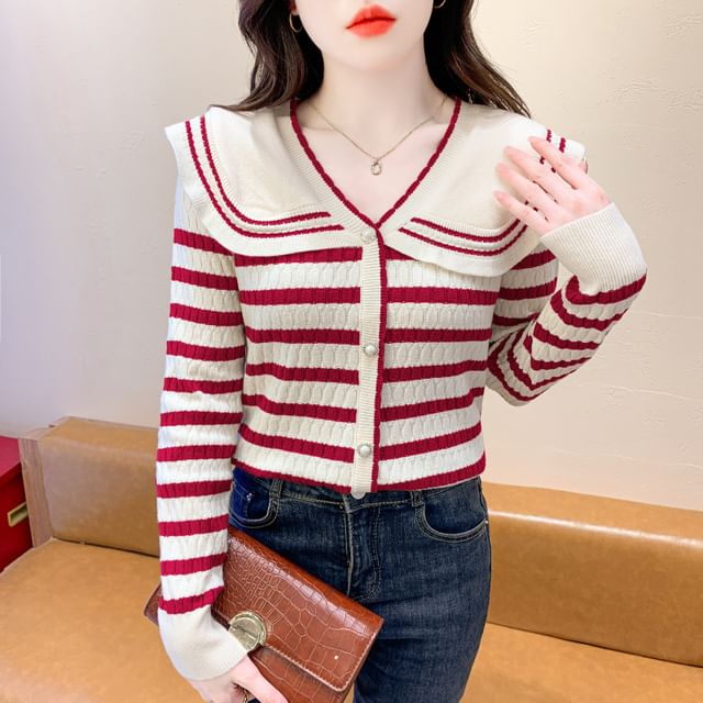 Dragan Pulse-V-Neck Striped Ruffle Trim Button Cardigan