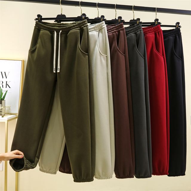 KUMI-Drawstring Waist Plain Tapered Sweatpants