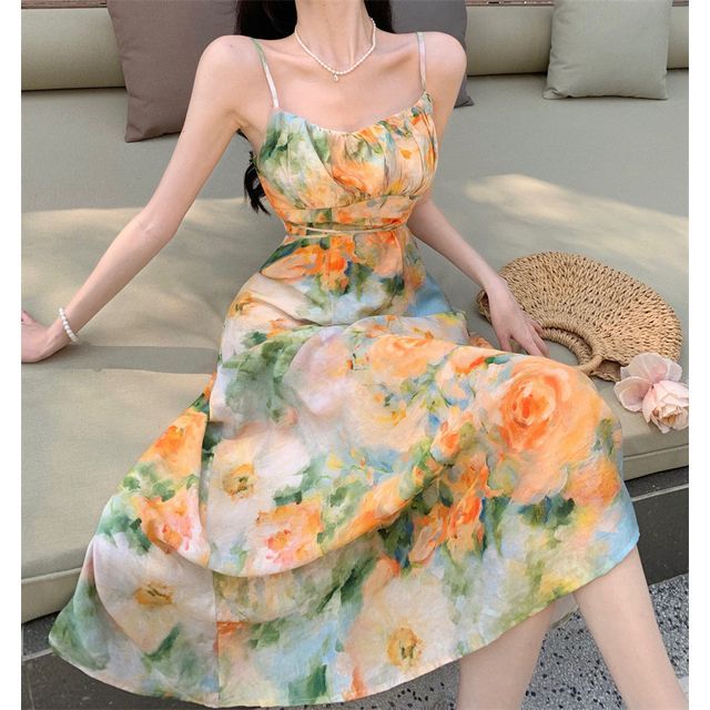 BOHEME - Spaghetti Strap V-Neck Floral Midi A-Line Dress | YesStyle