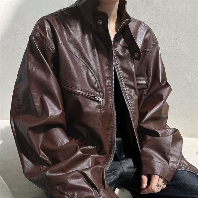 Plummie-Stand Collar Plain Panel Faux Leather Zip Jacket