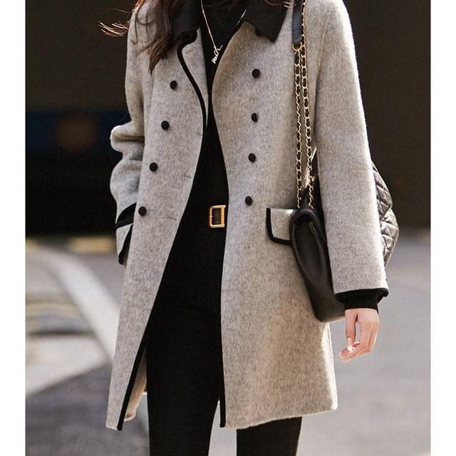 Jeonseon-Lapel Collared Two Tone Double-Breasted Long Coat
