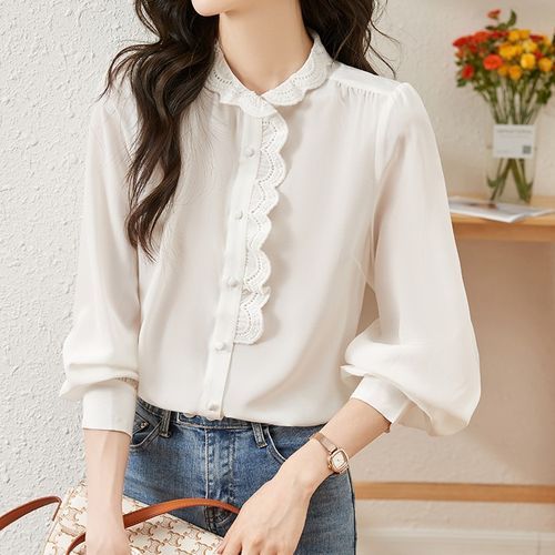 Festus - Puff-Sleeve Plain Eyelet Lace Trim Button-Up