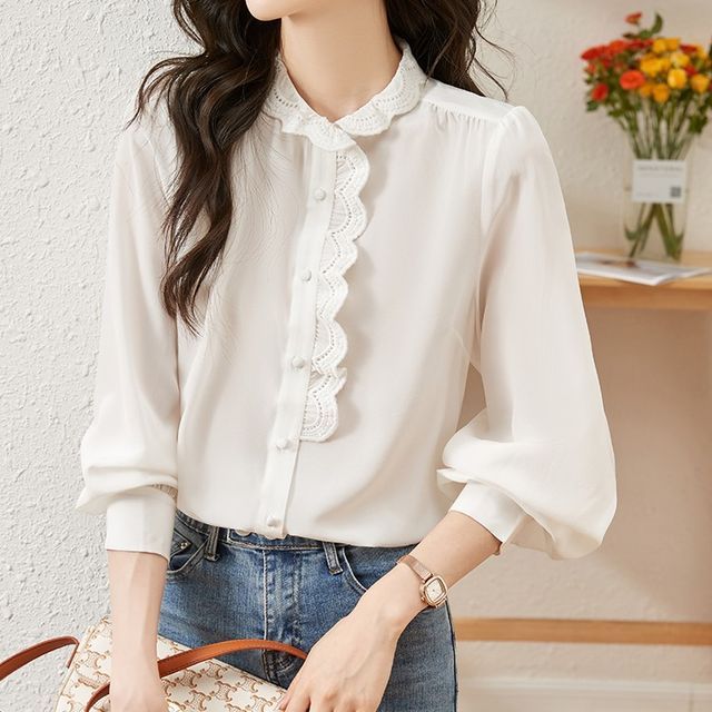 Festus Puff-Sleeve Plain Eyelet Lace Trim Button-Up Chiffon