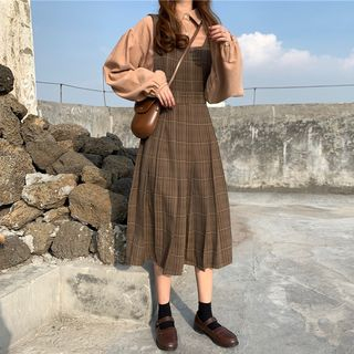 brown plaid pinafore dress Cardigan in Light Brown