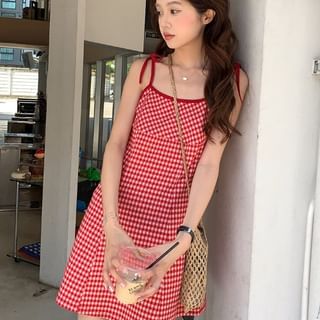 Porstina-Spaghetti Strap Scoop Neck Gingham Open Back Mini A-Line Dress