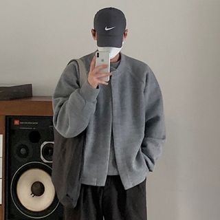 Okwano-Crew Neck Plain Single Button Cardigan