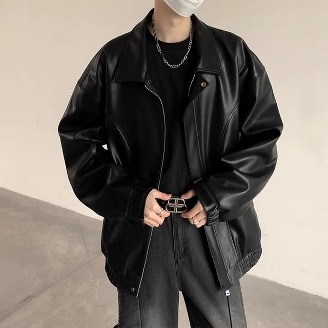 emeisa-Collared Faux Leather Zip-Up Jacket