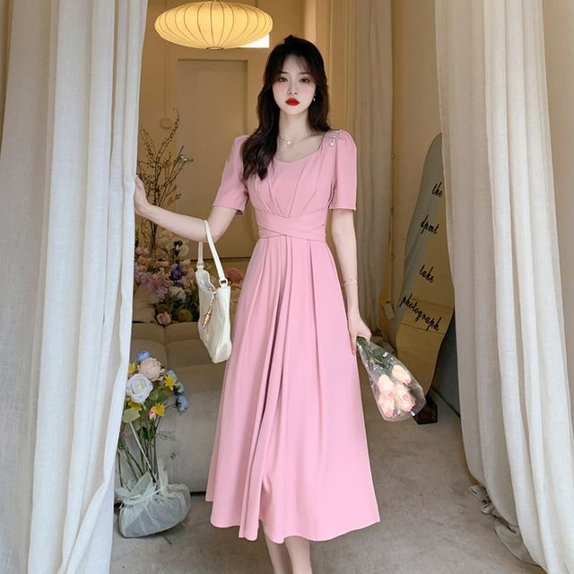 plain midi dress with short sleeves Short-Sleeve Plain Midi A-Line Dress