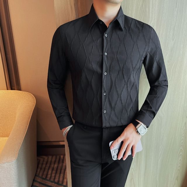 Lefitt-Long Sleeve Collared Jacquard Shirt