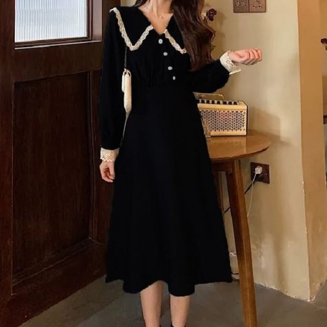 Cloud Nine - Long-Sleeve Collared Contrast Lace Trim Half-Buttoned Midi A-Line Dress | YesStyle Cloud Nine - Long-Sleeve Collared Contrast Lace Trim Half-Buttoned Midi A-Line Dress | YesStyle