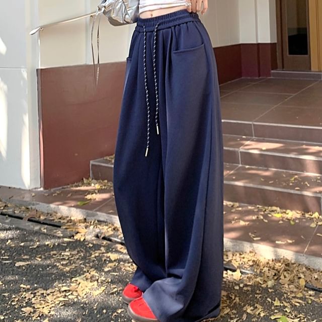 Kizmi-Drawstring Waist Plain Baggy Pants