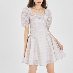 TOHADA - Short-Sleeve Square-Neck Plaid Ruffle Trim Dress