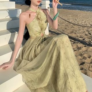 Faiar Halter Neck Stand Collar Bamboo Print Mesh Panel Cutout Drawstring Maxi Sheath