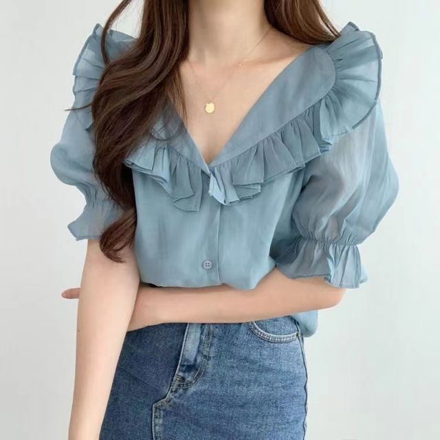 Everose-Short-Sleeve V-Neck Plain Ruffle Blouse