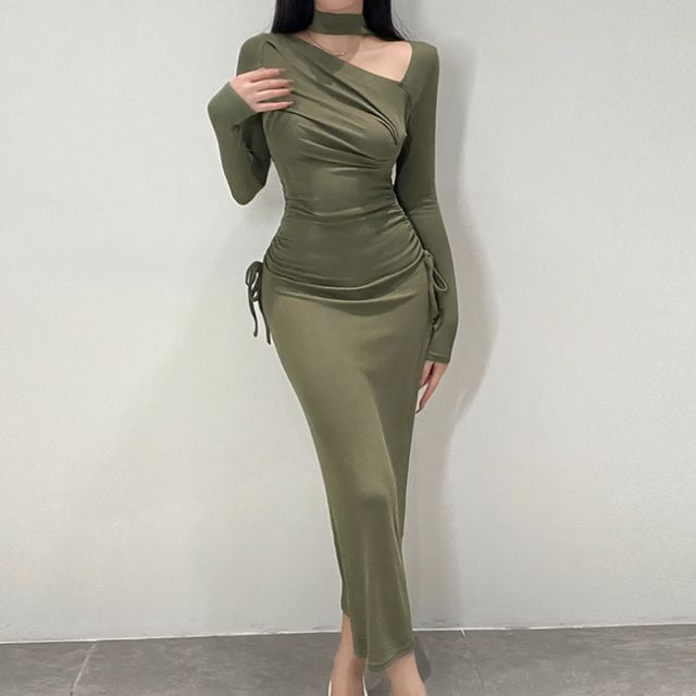 Selianne - Long-Sleeve Choker-Neck Plain Midi Bodycon Dress | YesStyle